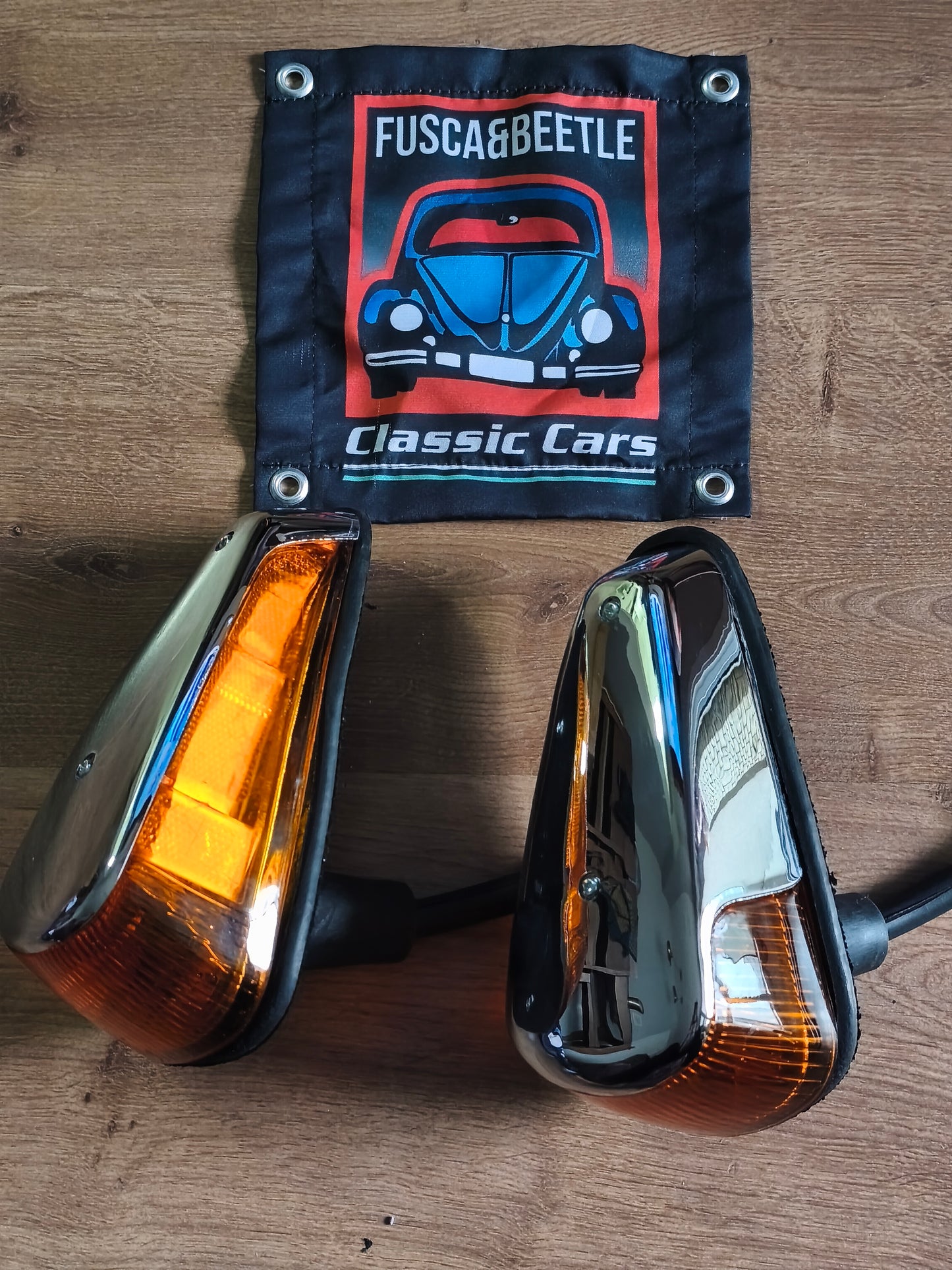 Set of front turn signals with wire tubes, left and right pair, VW Beetle T1 1970-1979