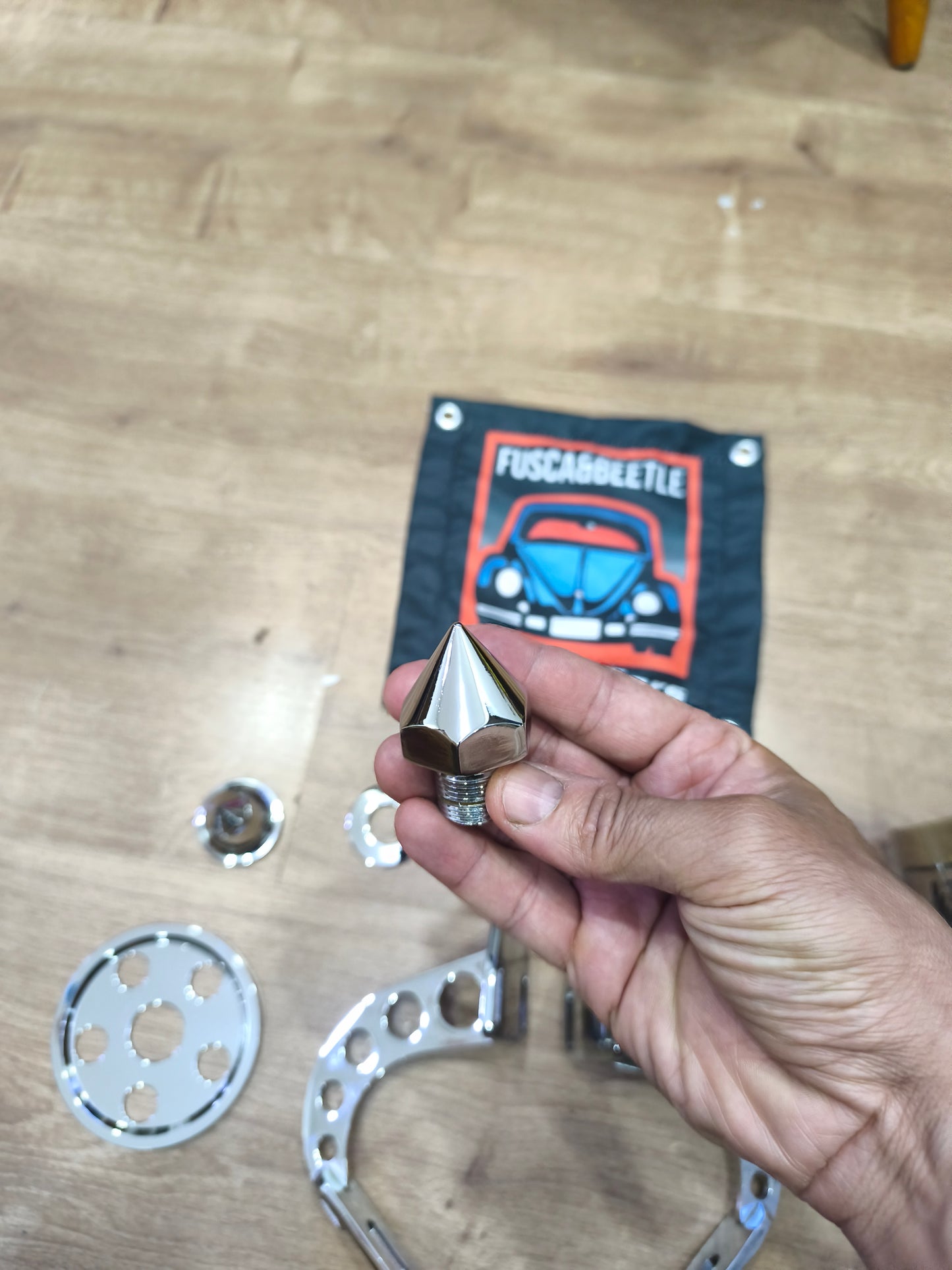 Chrome bolt for pyramid-type alternator pulley.