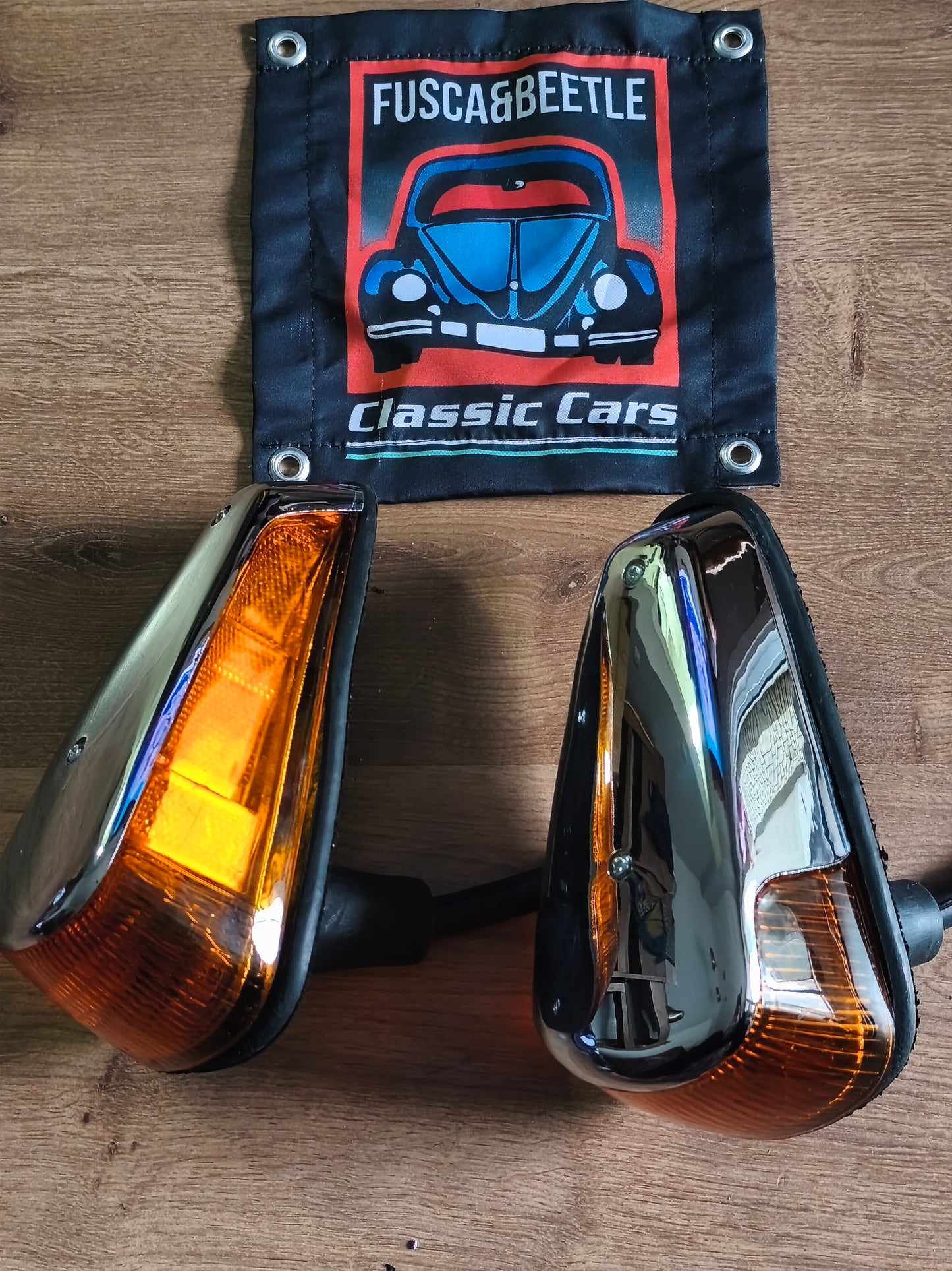 Set of front turn signals with wire tubes, left and right pair, VW Beetle T1 1970-1979