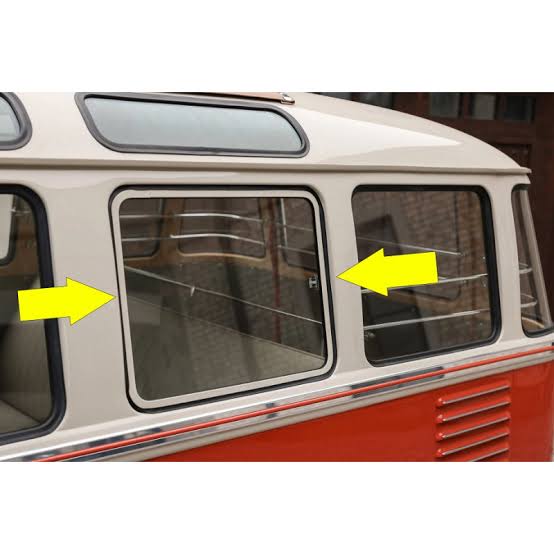 Stainless steel Safari tilting windows with glass and 20cm spacer, VW logo - original glass.