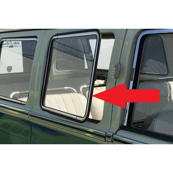 Stainless steel Safari tilting windows with glass and 20cm spacer, VW logo - original glass.