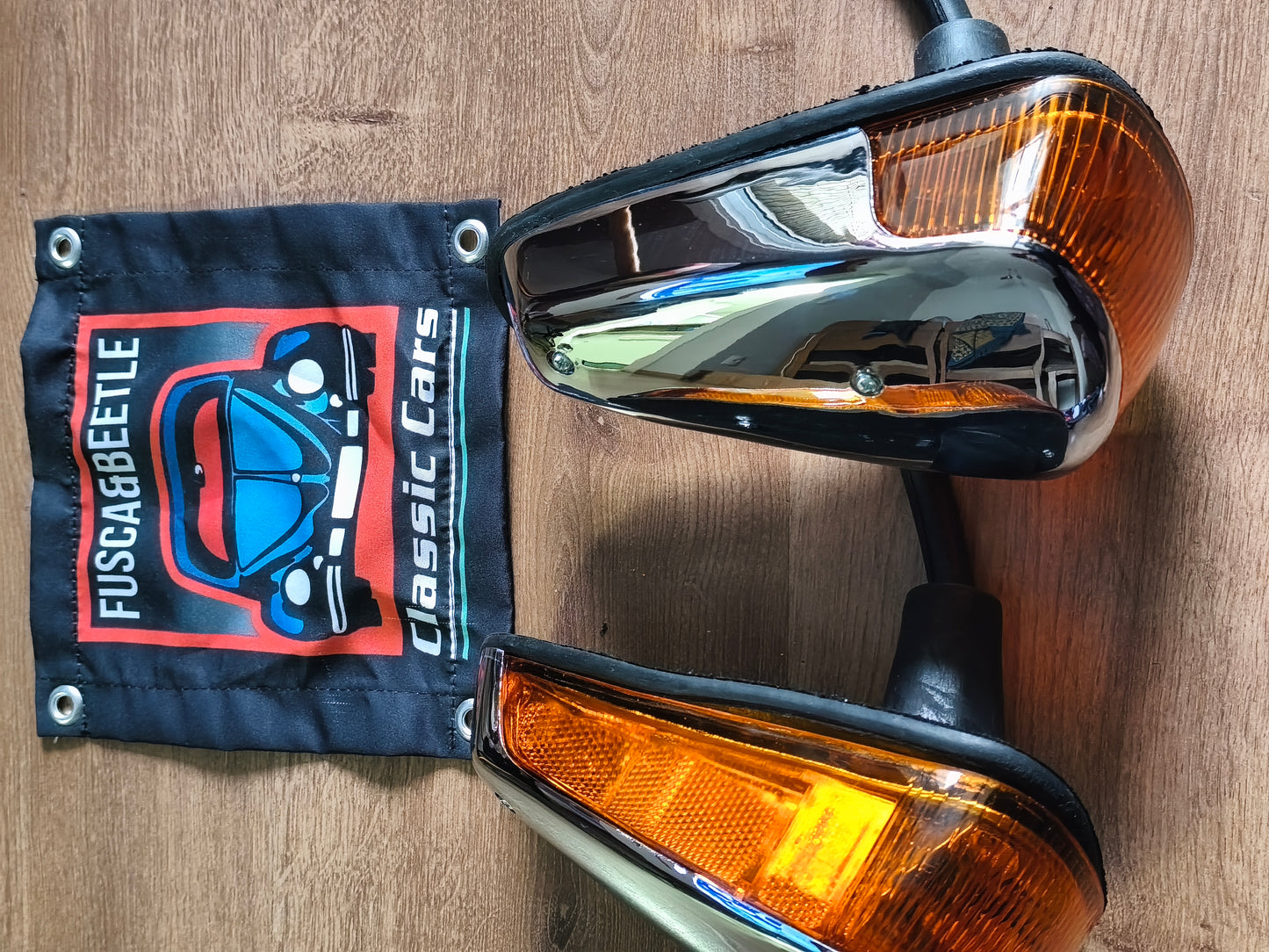 Set of front turn signals with wire tubes, left and right pair, VW Beetle T1 1970-1979