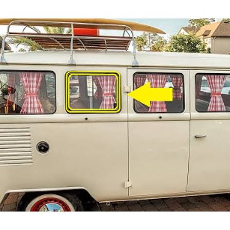 Stainless steel Safari tilting windows with glass and 20cm spacer, VW logo - original glass.