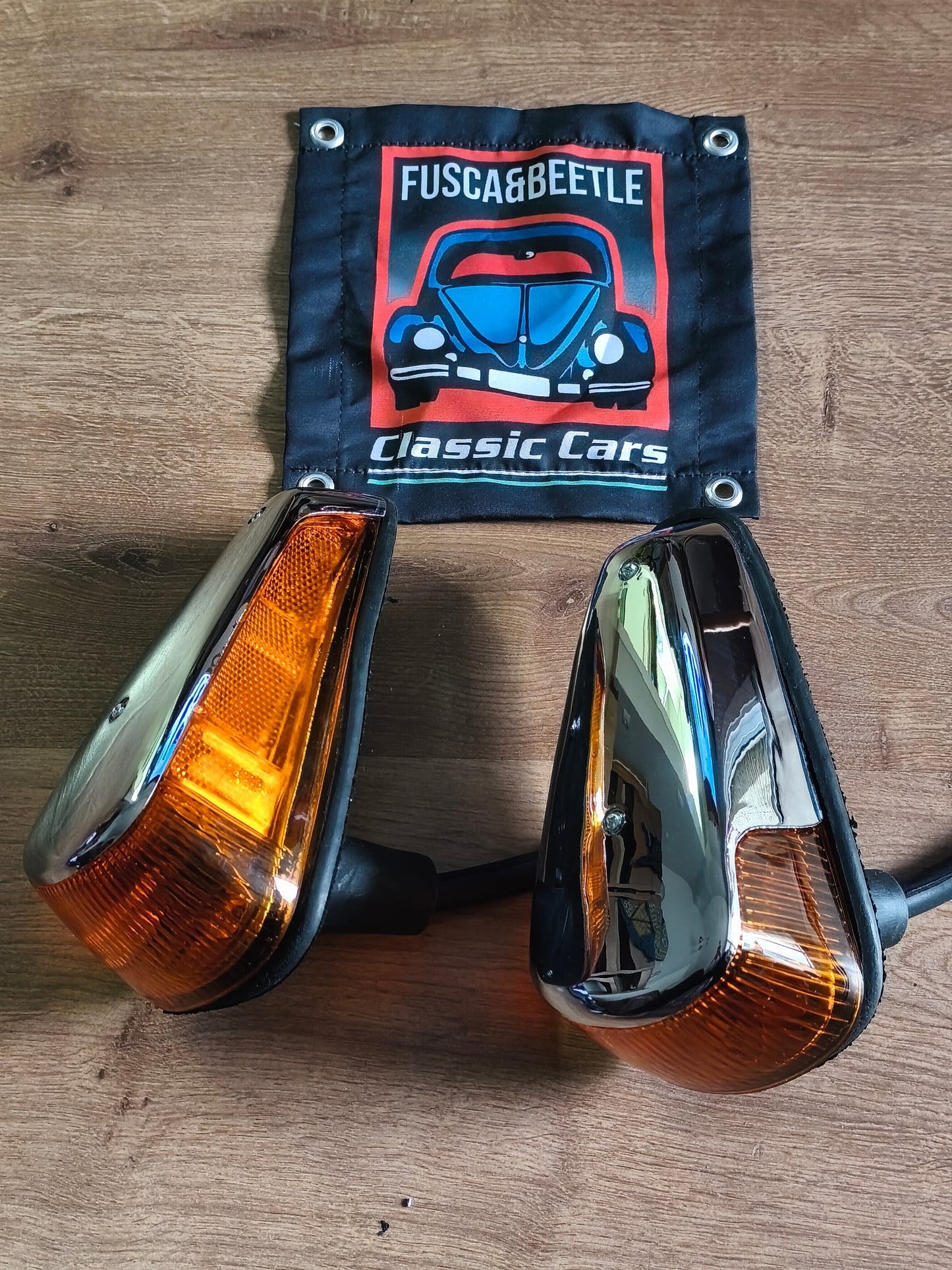 Set of front turn signals with wire tubes, left and right pair, VW Beetle T1 1970-1979