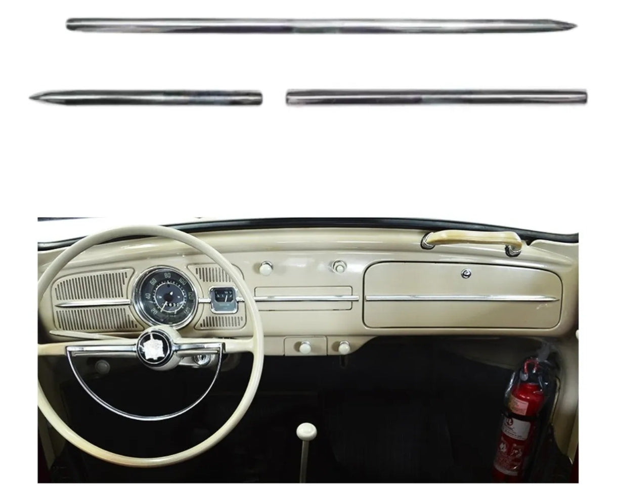 Stainless steel dashboard frame with clips, 4 pieces, for VW Beetle up to 1967.