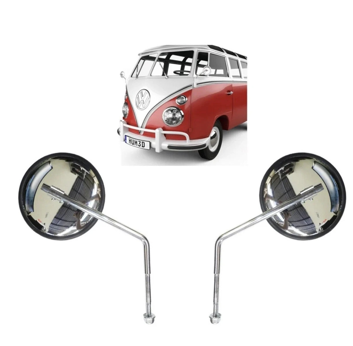 Pair of exterior mirrors for VW Kombi, Bus, Van, Volkswagen, chrome steel, 1957-1975