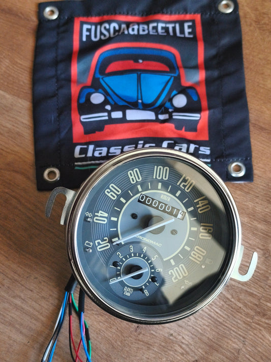 Original Cronomac 110mm speedometer for VW Beetle, 200km/h, with engine RPM indicator, beige/ivory color.